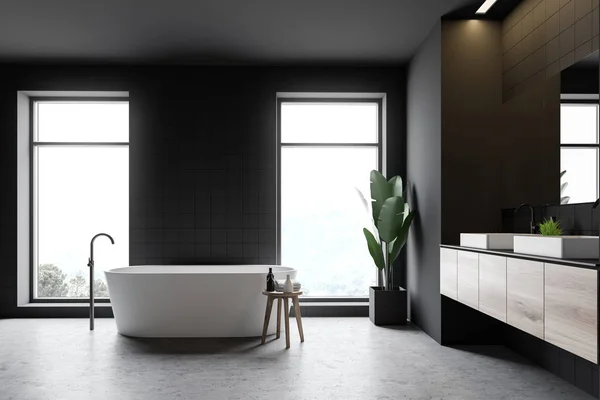 Side view of gray bathroom with tub and sink — Stock Photo, Image