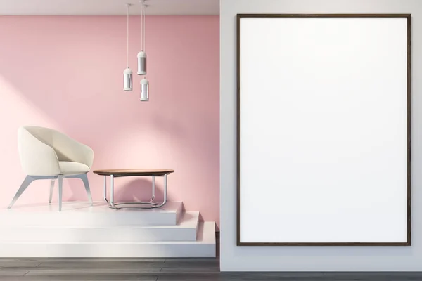 Pink living room with big poster and armchair — Stock Photo, Image