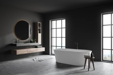 Küvet ve lavabo ile Gri loft banyo köşesi