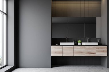 Çift lavabo ile gri kiremit banyo iç