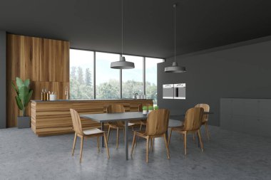 Gri mutfak köşesi, tezgah ve masa