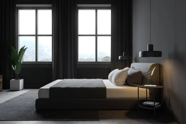 Sidoutsikt över grått sovrum med fönster — Stockfoto