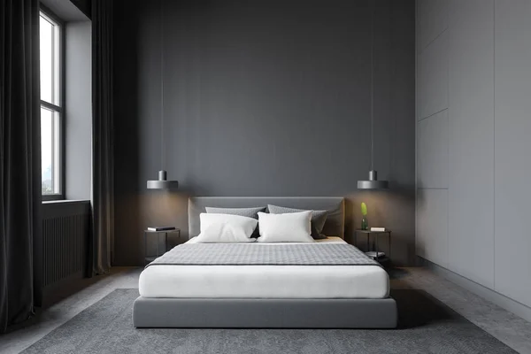 회색 현대 마스터 침실 인테리어 — 스톡 사진