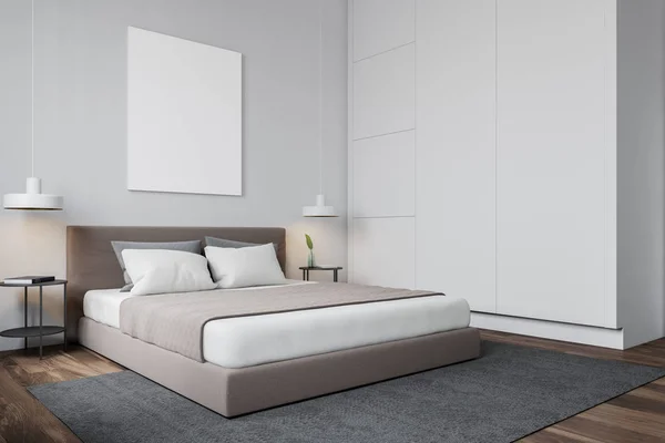 Wit slaapkamer hoek met poster — Stockfoto