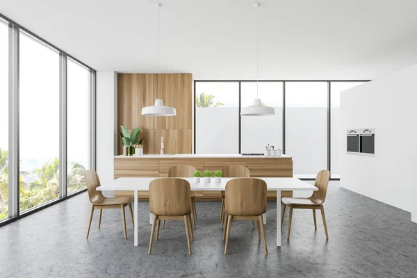 Cucina interna bianca, piano di lavoro e tavolo — Foto Stock