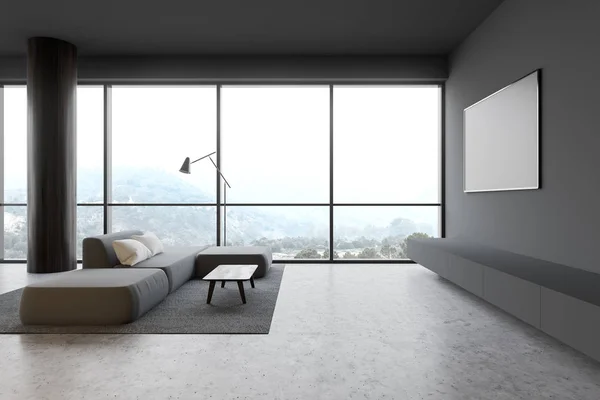 Grauer Wohnraum mit Fernseher und Sofa — Stockfoto
