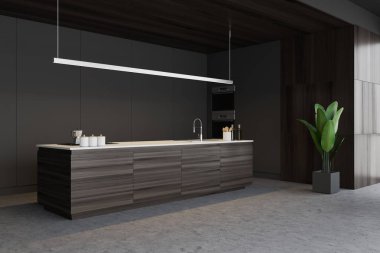 Ada ile gri ve ahşap mutfak köşesi