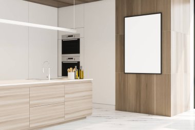 Ada ve poster ile beyaz ve ahşap mutfak