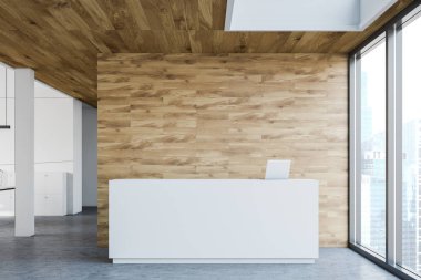 Beyaz ve ahşap ofis resepsiyon masası