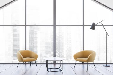 Panoramik tavan arası ofis salonu, sarı koltuklar