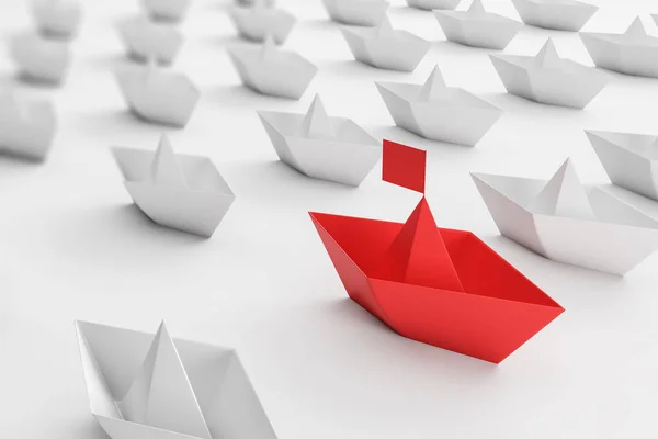 Przywództwo w biznesie, białe i czerwone statki papierowe — Zdjęcie stockowe