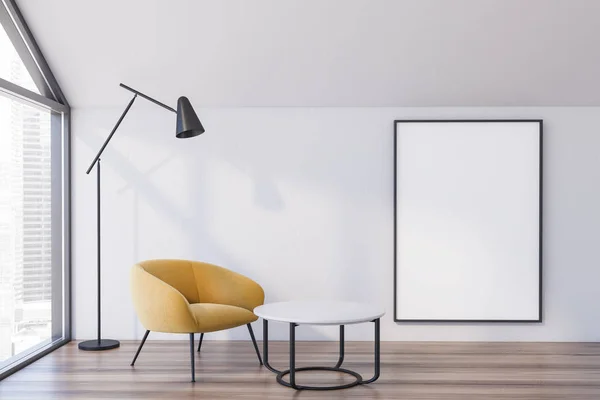 Ático blanco salón de oficina con sillón y póster — Foto de Stock