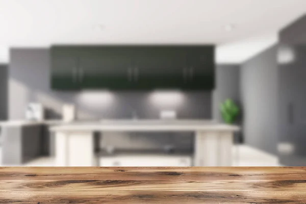 Blurred gray and green luxury kitchen interior — Stock Photo, Image