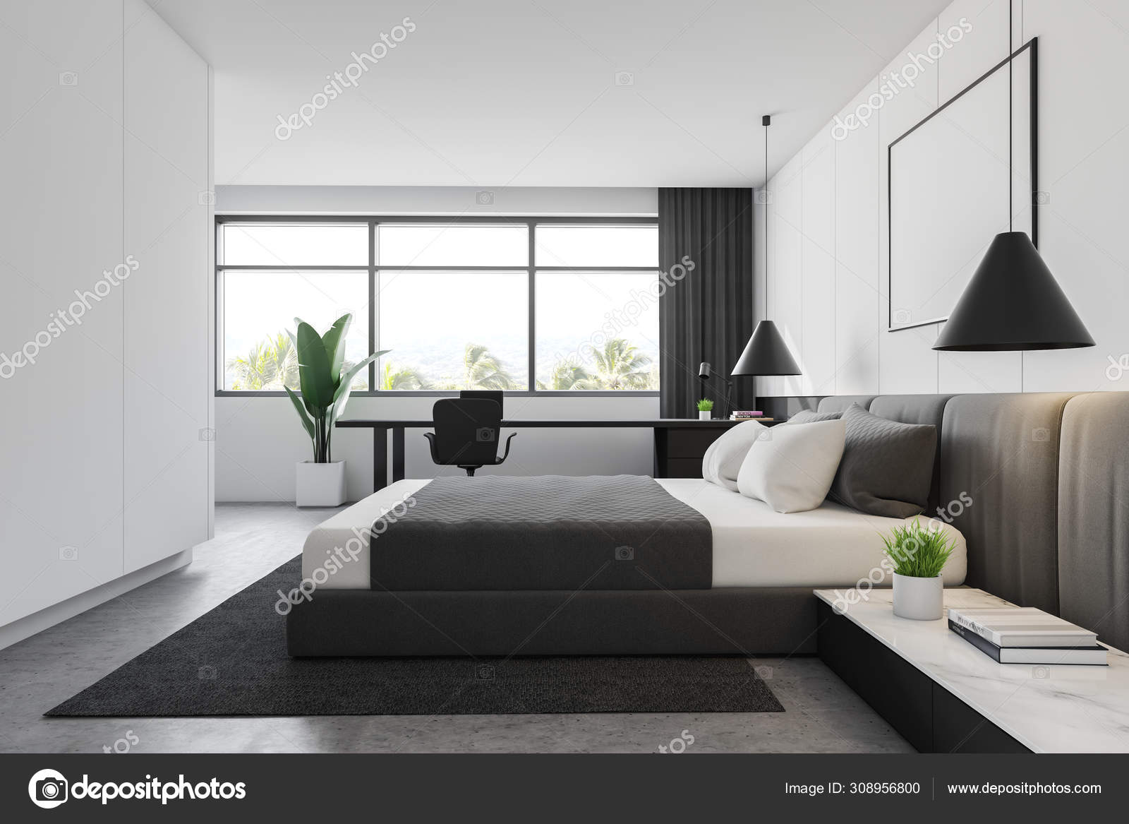White Master Bedroom Interior With Home Office Stock Photo