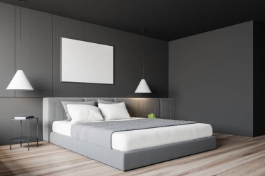 Posterile minimalist gri yatak odası köşesi