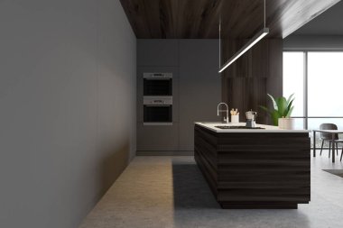 Ada ile gri ve ahşap mutfak Yan görünümü