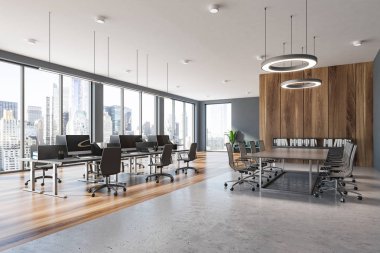 Gri ve ahşap panoramik ofis ve toplantı odası