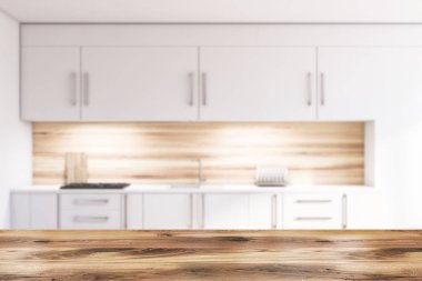 Bulanıklık beyaz ve ahşap mutfak, beyaz tezgah