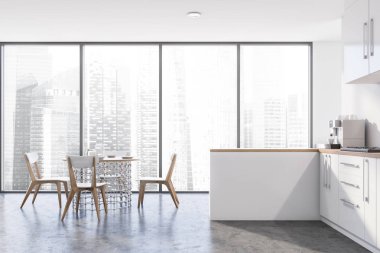 Masa ile panoramik beyaz mutfak iç