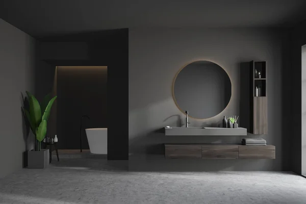 Интерьер серой ванной комнаты с ванной и раковиной — стоковое фото