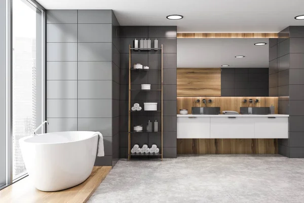 Azulejo gris y baño interior de madera — Foto de Stock