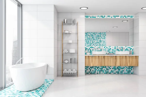 White and blue mosaic bathroom interior