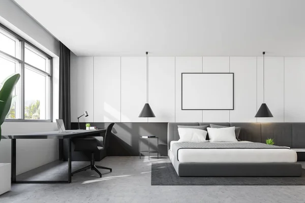 Белый интерьер спальни с домашним офисом — стоковое фото