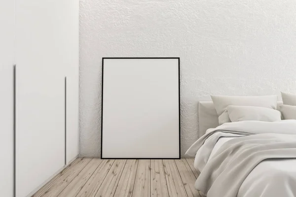 Weißes Schlafzimmer mit Poster-Attrappe — Stockfoto