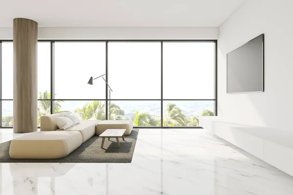 White living room with TV and sofa