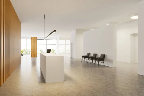 Λευκή και ξύλινη αίθουσα γραφείων, ρεσεψιόν και κάθεται — Φωτογραφία Αρχείου