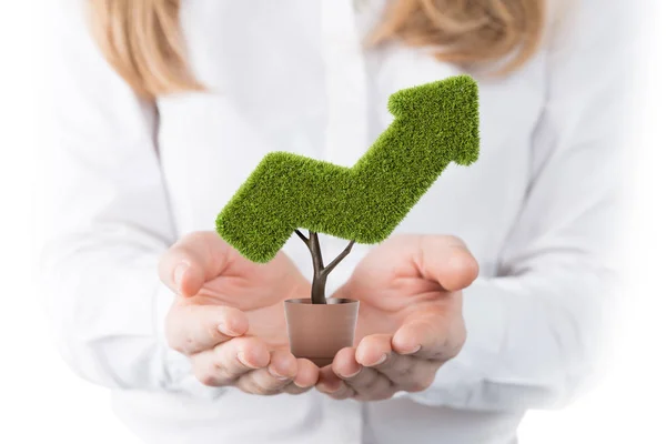 Mulher segurando planta em forma de seta — Fotografia de Stock