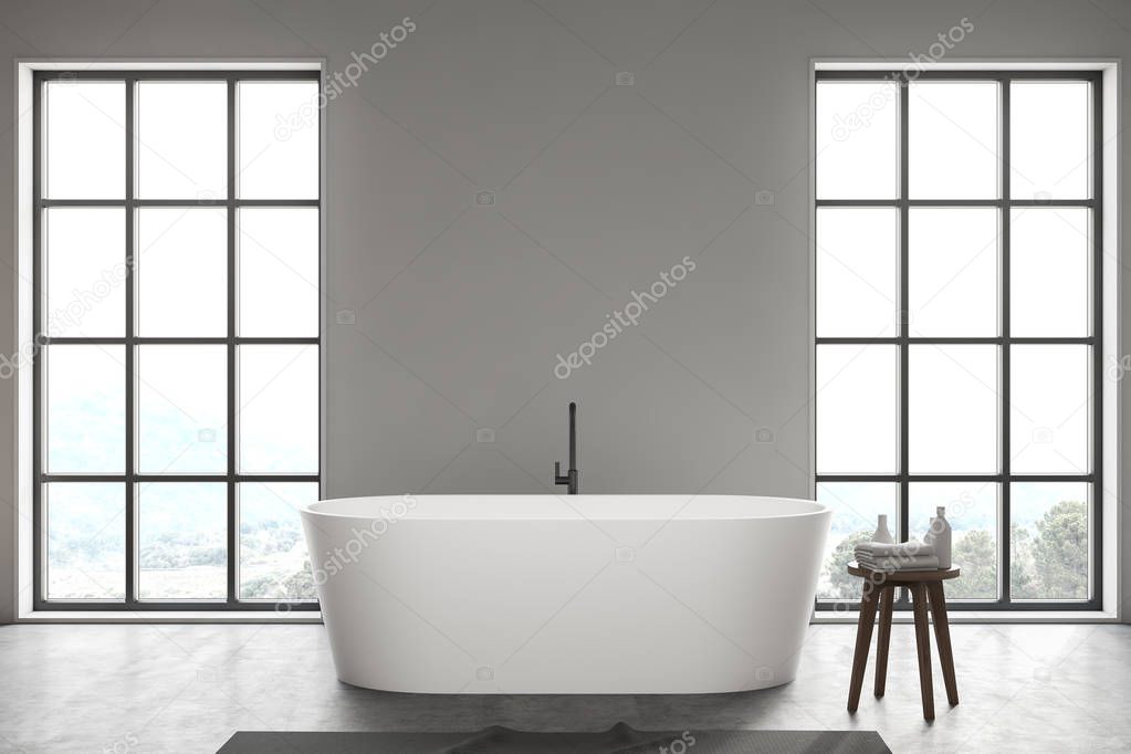 White loft bathroom interior with bathtub