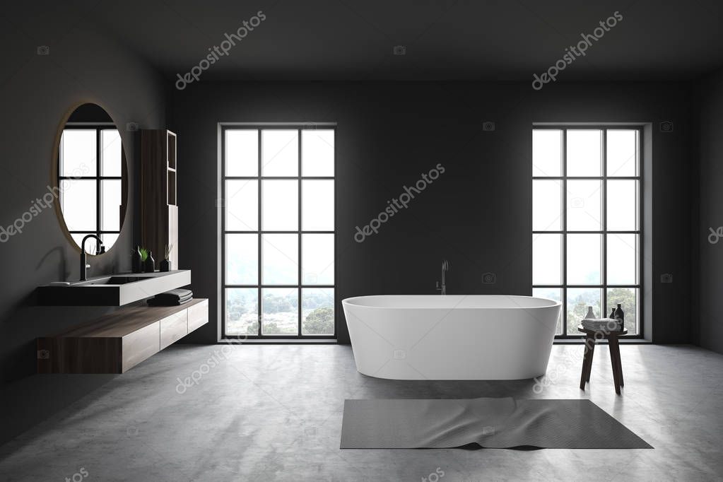 Gray loft bathroom interior with tub and sink