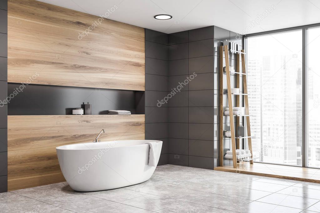 Panoramic gray tile and wooden bathroom corner