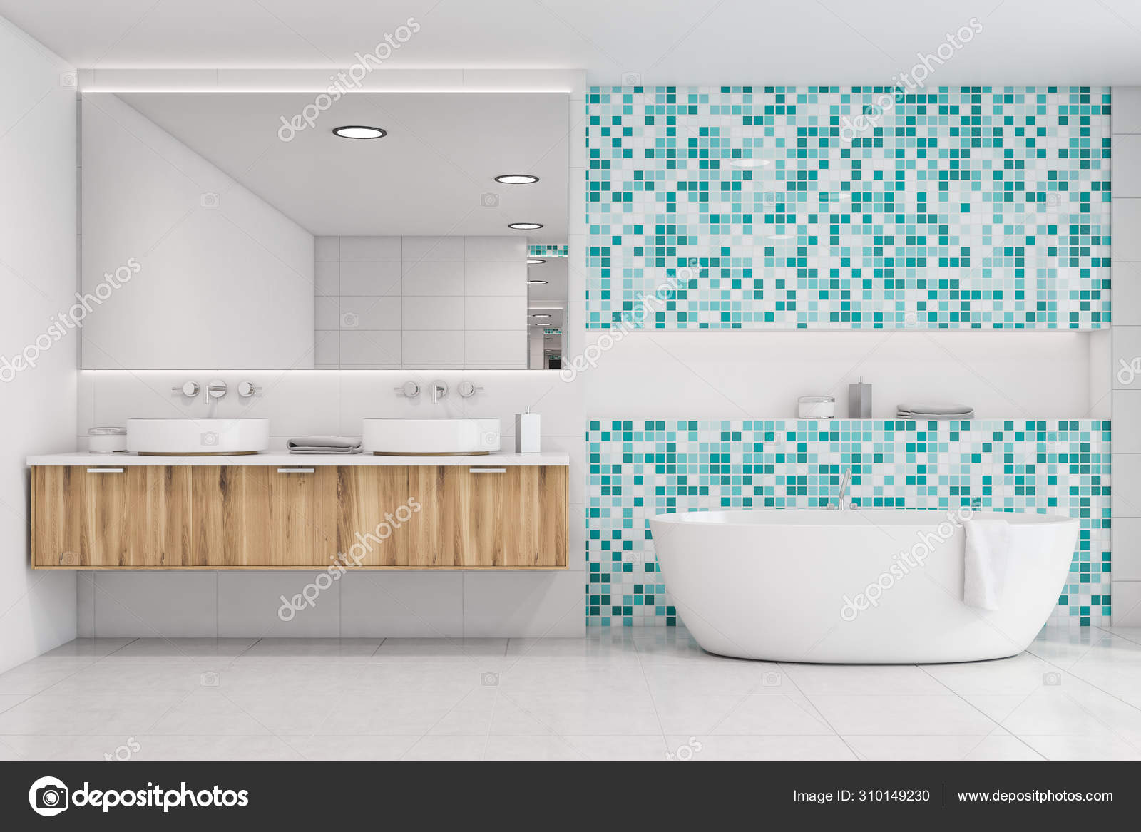 Uma casa de banho com uma banheira azul e uma prateleira verde com uma  planta.