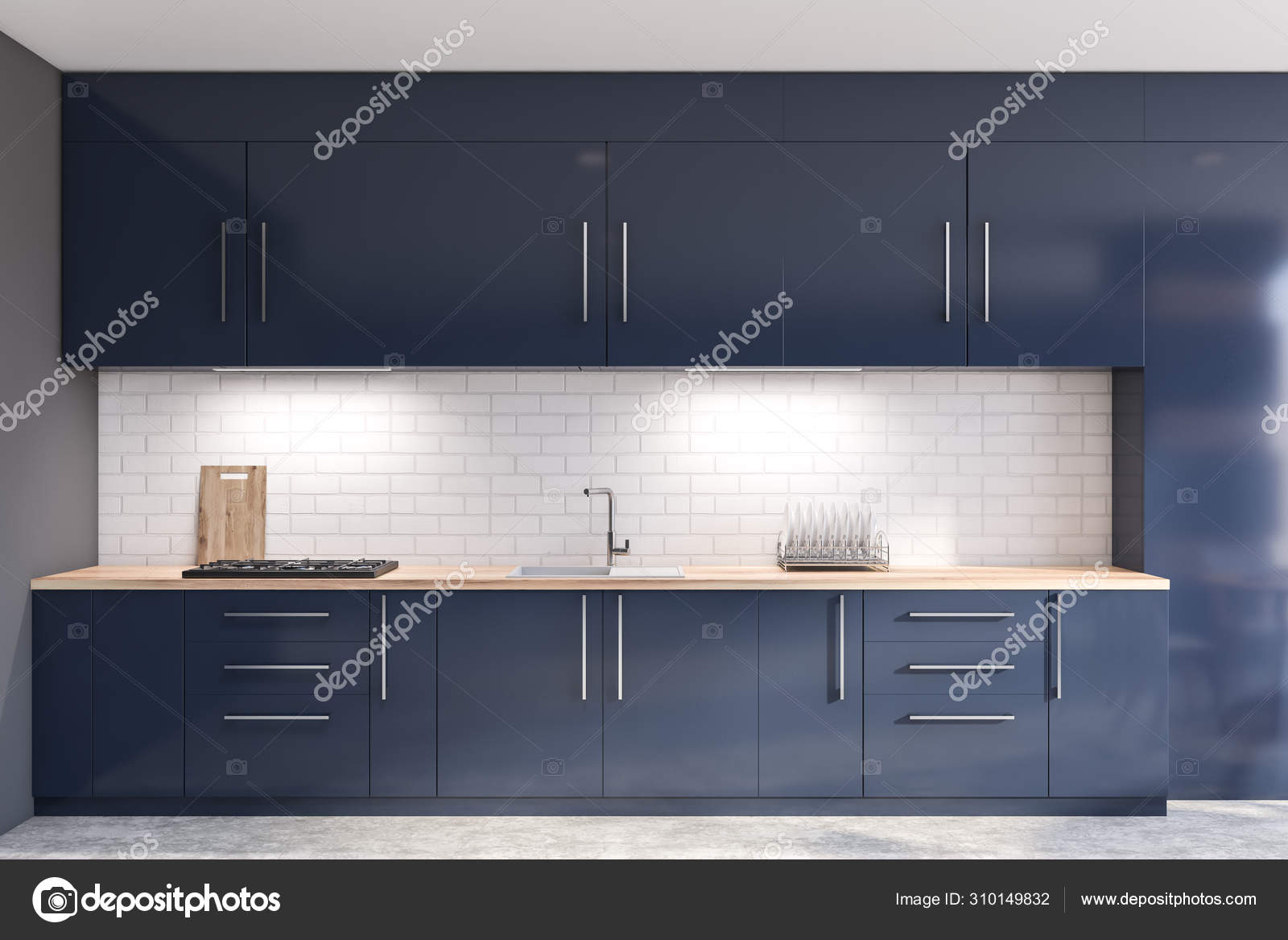 Gray And Brick Kitchen With Blue Countertops Stock Photo