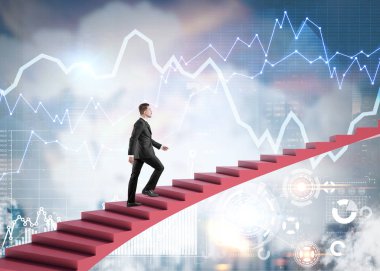 Businessman climbing stairs in city, infographics clipart