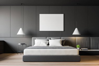 Posterile minimalist gri yatak odası