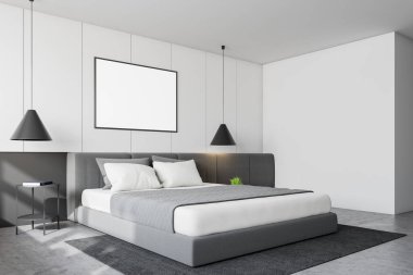 Posterli minimalist beyaz yatak odası köşesi
