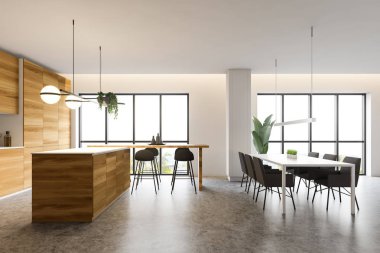 Beyaz ve ahşap lüks mutfağın yan görünümü