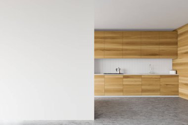 Tezgahlı beyaz ve ahşap mutfak, alay