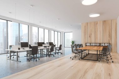 Beyaz ve ahşap panoramik ofis ve toplantı odası