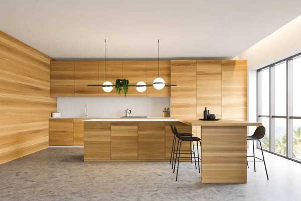 Cozinha branca e de madeira com bar — Fotografia de Stock