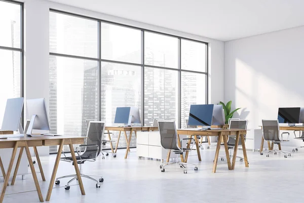 Panoramic white office corner with cityscape — Stock Photo, Image