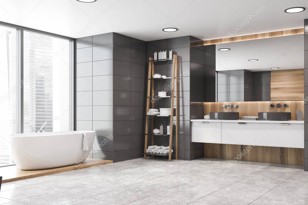 Gray tile and wooden bathroom corner