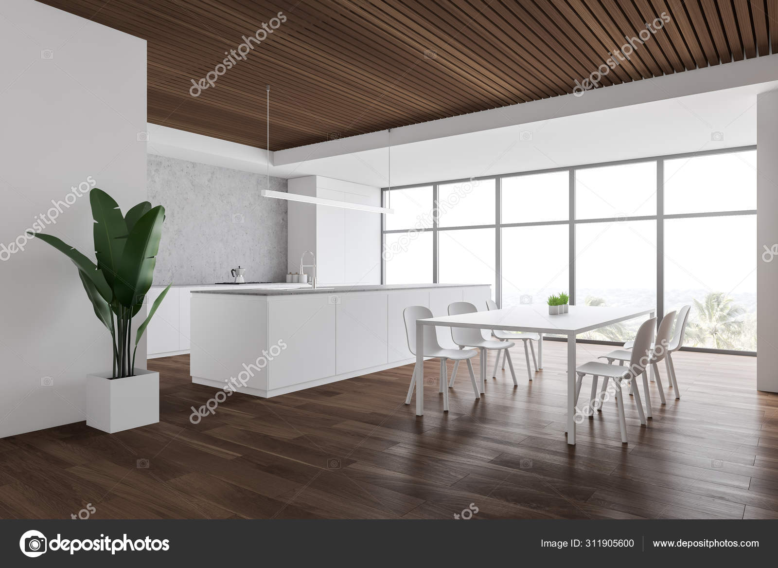 White And Wooden Kitchen Corner Table And Island Stock Photo Image By C Denisismagilov 311905600
