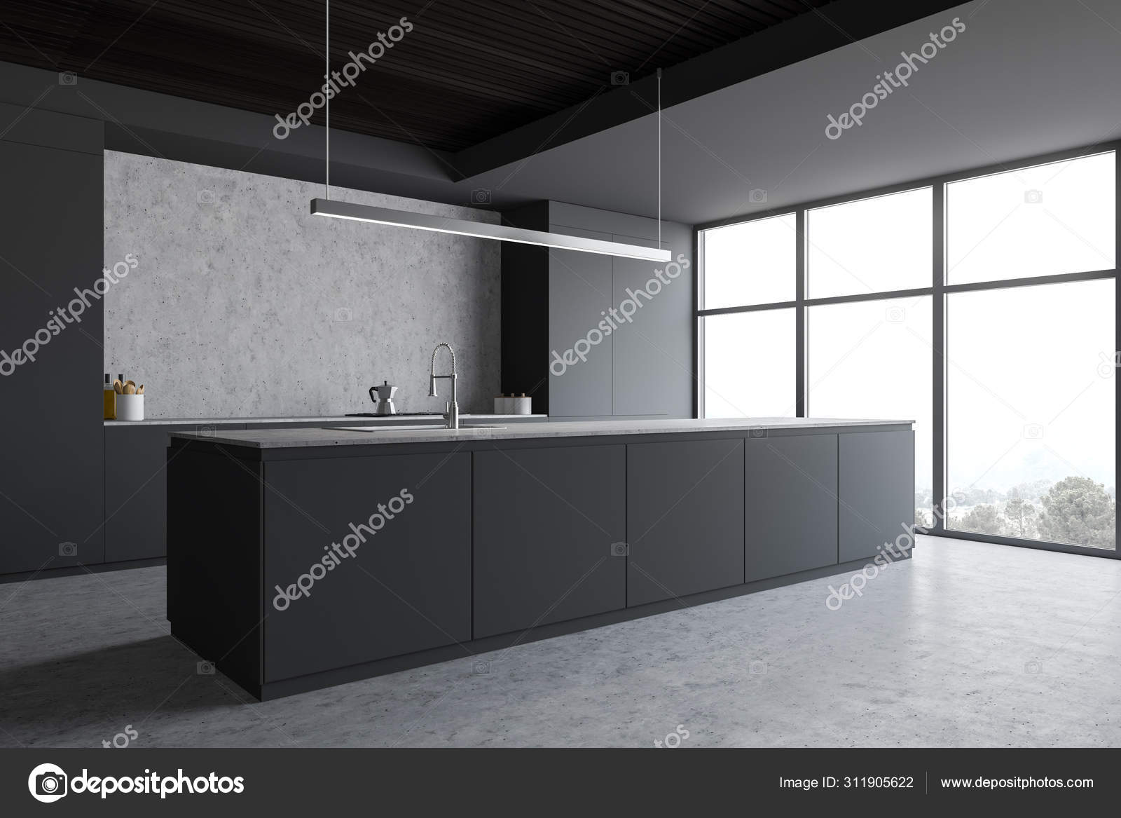 Esquina de cocina gris y hormigón con encimeras — Foto de stock #311905622  © denisismagilov, image size:1600x1167