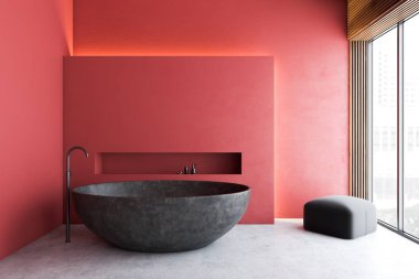 Gri küvetli kırmızı minimalist banyo
