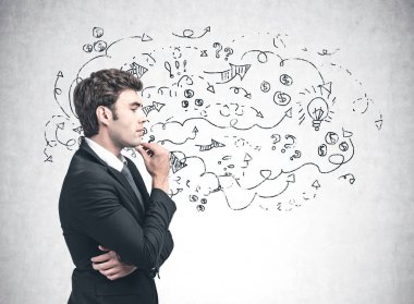 Düşünceli iş adamı, iş stratejisi çizimi