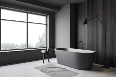 Gri ve ahşap banyo köşesi, küvet ve lamba